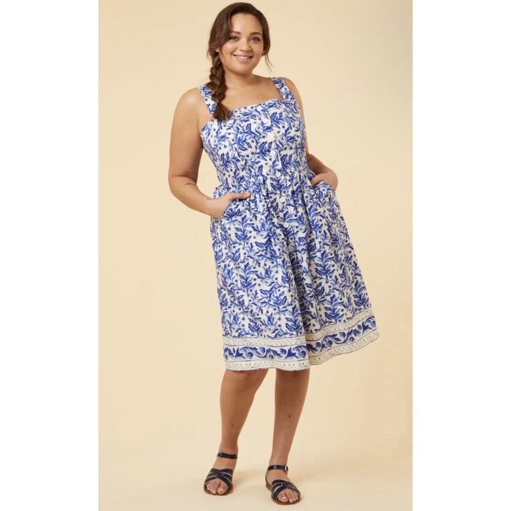 NWT Joanie X Molly Hatch US 14 Ranier Dress Blue Border Print Pockets Adjustable